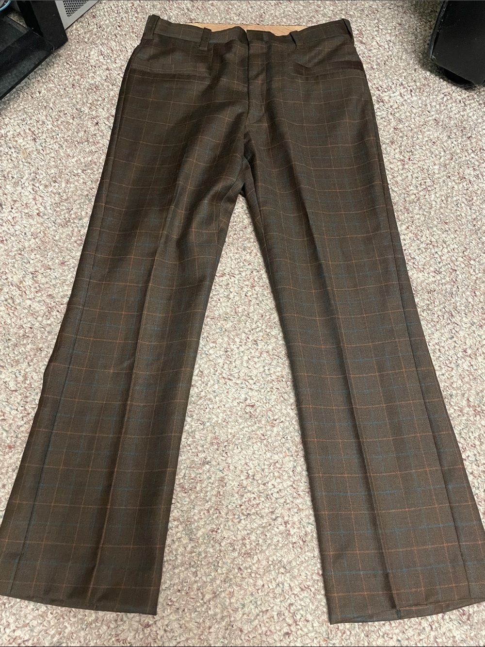 Vintage 70s 100% wool Rivera Brown teal/ orange Plaid Dress Pants